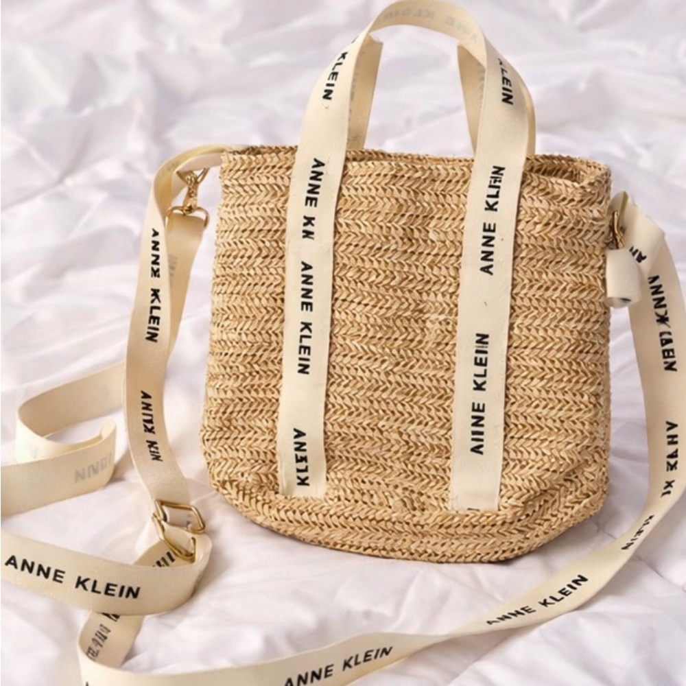 Anne Klein Beige Woven Tote with Logo Straps